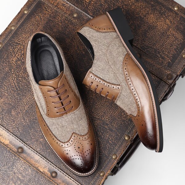 Men'S Vintage Business Casual Shoes - Low-Top Lace-Up Dress Shoes with Pointed Toe, Faux Upper & Inner, Rubber Sole & Insole, Beige & Brown Striped Design for Daily & Professional Wear, Classic Dress Shoes, Fabric Lined Interior - Image 9