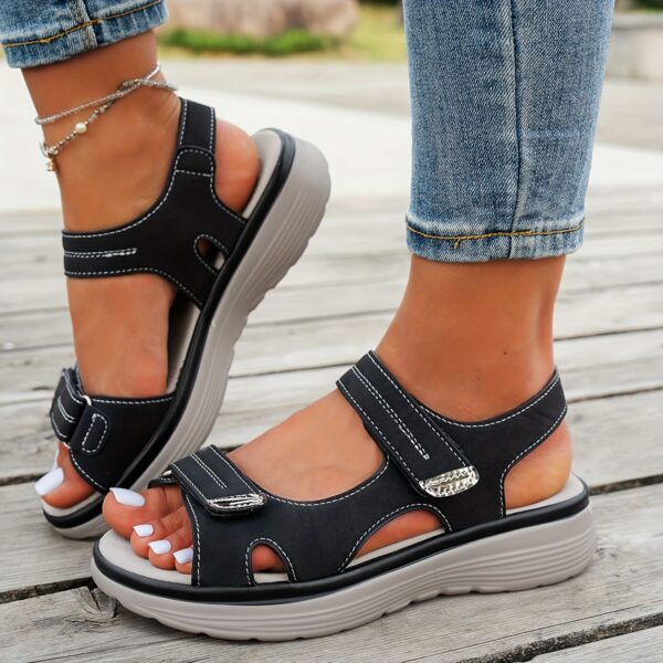 Women's Elegant Mary Jane Sandals - Adjustable Hook-and-Loop Ankle Strap, Breathable PU Cover Upper & Cushioned Insole, Comfortable Wedge Heel for Summer Beach, Casual & Outdoor Wear - Solid Color Design, Summer Beach Footwear | Open Toe Sandals | Adjustable Strap Sandals - Image 3