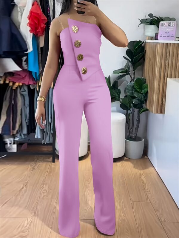 1pc Elegant Women'S One-Piece Jumpsuit with Asymmetric Metallic Buckle Detail, Casual Strapless Polyester Knit Bodysuit, All-Season Solid Color Knitwear - Image 9