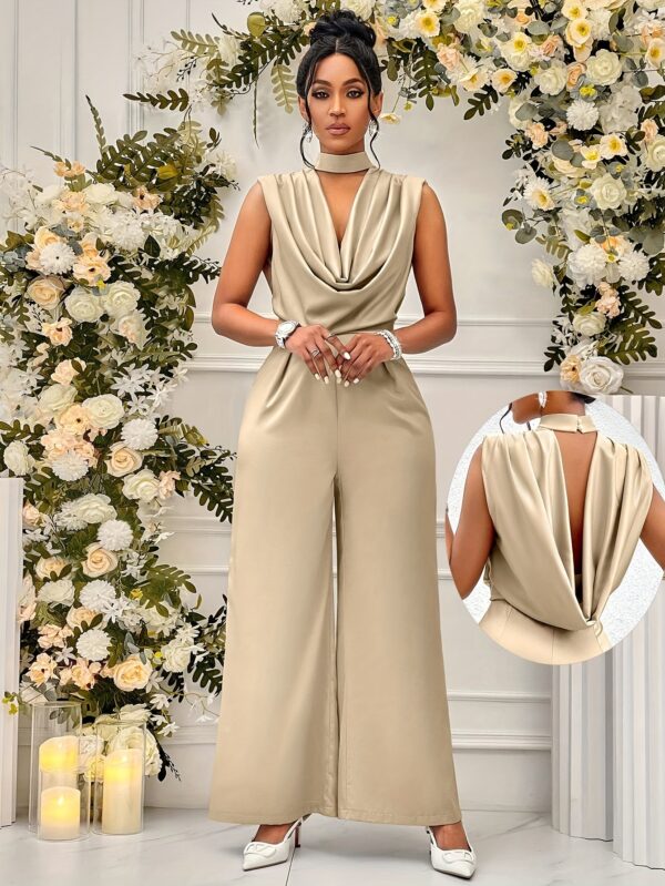 Women's Elegant High-Waisted Sleeveless Wide-Leg Jumpsuit - Beige Stand Collar Non-Stretch Machine Washable All-Season Versatile Outfit for Casual & Formal Events (NS702), Event Clothing | Sophisticated Style | Sophisticated Cut, Ladies Rompers And Jumpsuits - Image 3