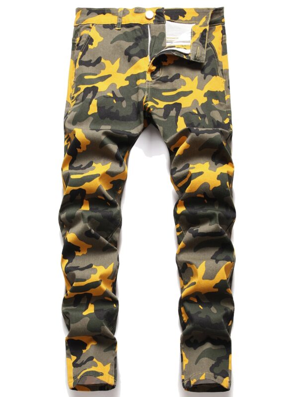 Men's Casual Camouflage Pattern Cotton Blend Pants, Street Style Medium Stretch Trousers, Barrel Jeans - Image 6