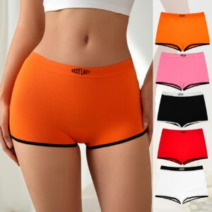 5pcs Women's Boxer Briefs - Quick-Dry, Breathable, Anti-Slip Underwear with Stretchy Waistband in Mixed Colors (Orange, Pink, Black, White) - Comfortable & Stylish for Casual Attire, Autumn Winter Underwear | Minimalist Design | Elastane Blend