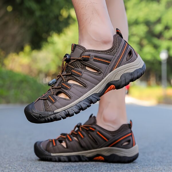 Men'S Breathable Mesh Summer Sandals - Casual Slip-On with Buckle Closure, Black & Orange Striped Design, Rubber Sole for Hiking, Beach & Outdoor Activities, Beach Sandals | Buckle Strap Sandals | Breathable Upper Sandals - Image 4