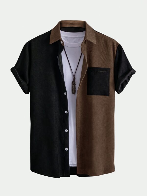 Men'S Summer Corduroy Short Sleeve Shirt with Button- Collar & Chest Pocket - Black & Brown Two-Tone Design, Casual Short Sleeve Button-Up for Casual Attire, Short Sleeve Shirts, Casual Style, Textured Fabric