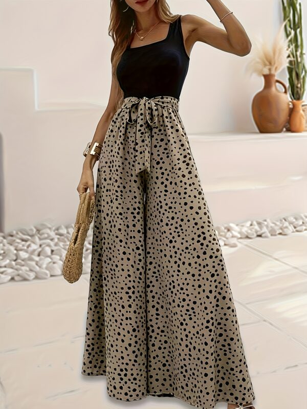 Women'S Sleeveless Wide-Leg Jumpsuit with Tie Waist - Green Polka Dot Print, Square Neck, Flowy Design for All Seasons, Polyester Fabric, Casual Chic Style, Wide Leg Pants for Mature Wome - Image 2