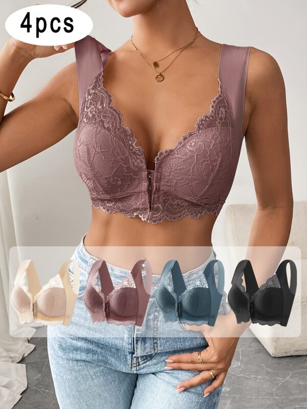 (4pcs Mixed Color Set) Soft And Comfortable Front Buckle Bra, Elegant Lace Wireless Push-Up Bra Women'S Underwear And Bra