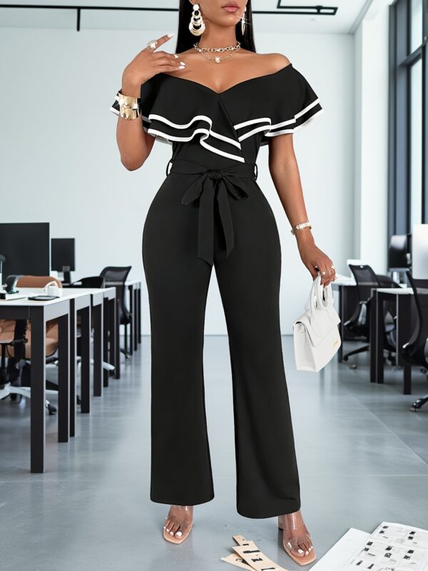 Women'S Elegant Off-Shoulder Black & White Contrast Striped Wide-Leg Jumpsuit with Belt - High-Waisted Culottes, Ruffled Sleeves, Perfect for Spring/Summer Office or Casual Wear, High Waisted Jumpsuit - Image 9
