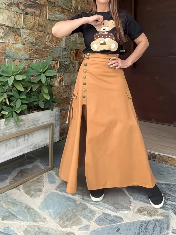 Women's Elegant High-Waisted Solid Midi Skirt, Stylish Button- Slit Utility Work Skirt with Elastic Waist and Large Pockets - Image 2
