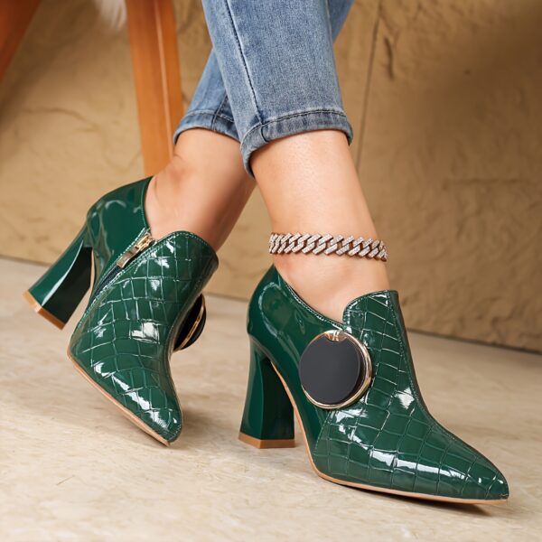Women's Emerald Green Crocodile-Embossed Synthetic Cover Pointed-Toe Stiletto Heel Pumps with Metallic Button Detail - Chunky Block Heel, Comfortable Block Heels for Parties, Weddings & Formal Events, Evening Wear, Stylish Footwear, Highquality Finish, Fashion Shoes, Party Goers