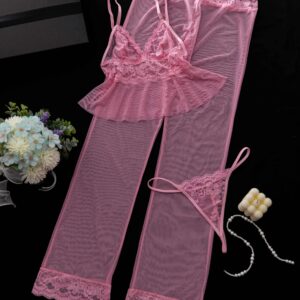 3pcs Lace Mesh Lingerie Set for Women - Sexy Pink Hollow-Out Sheer Sleepwear with Contrast Lace Trim, Knit Fabric, Solid Color, Adult Intimate Apparel