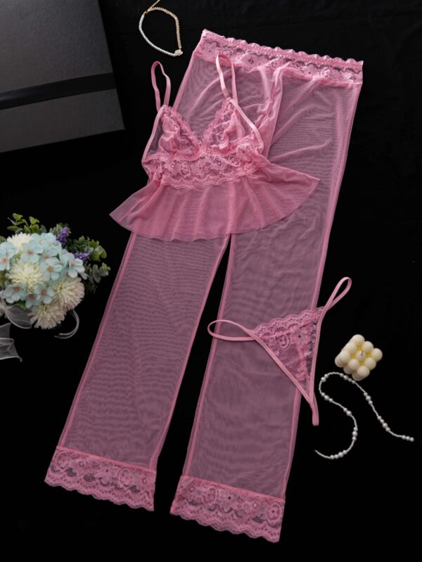 3pcs Lace Mesh Lingerie Set for Women - Sexy Pink Hollow-Out Sheer Sleepwear with Contrast Lace Trim, Knit Fabric, Solid Color, Adult Intimate Apparel