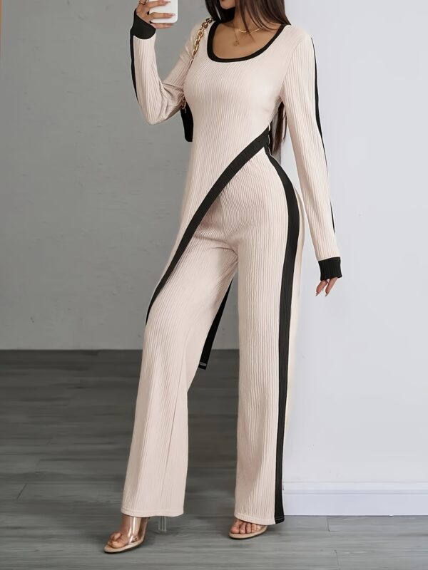 Women'S Elegant Black and White Striped Long Sleeve Jumpsuit with Wide Legs - Polyester, Asymmetrical Design, Perfect for Spring/Fall, Casual to Formal Wear, Casual Attire|Asymmetrical Jumpsuit|Polyester Fabric - Image 7