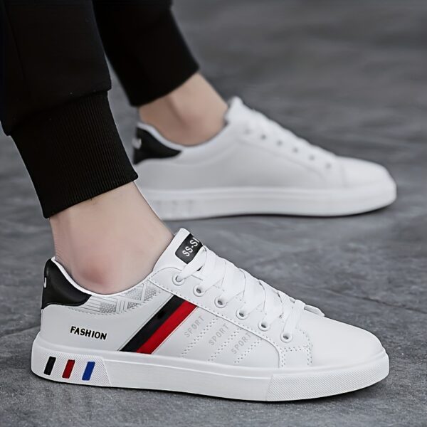 KOONEXY Men's Low-Top Casual Sneakers - White with Striped Accents, Breathable Fabric Lining & Cushioned Comfort for All-Season Outdoor Sports & Casual Attire, Sleek Shoe Design, Durable Traction Footwear, Minimalist Style, Quality Construction, Daily Wear - Image 7