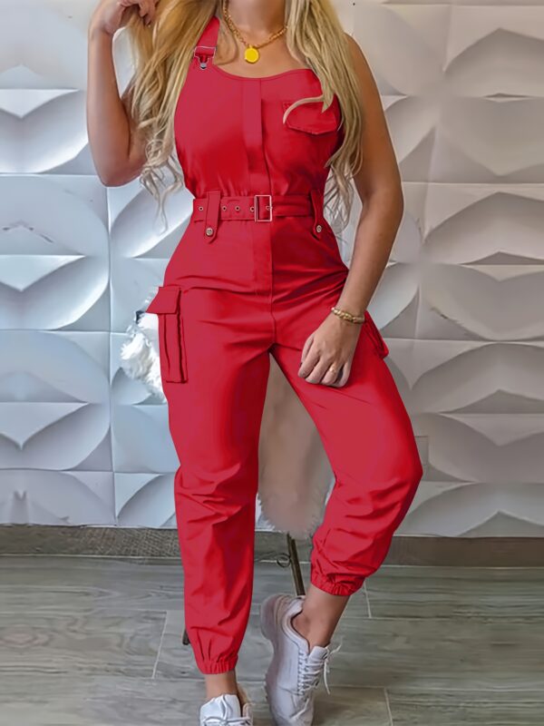 Solid Flap Pocket Cargo Jumpsuit, Casual Sleeveless Belted Flap Detail Jumpsuit, Women's Clothing - Image 9