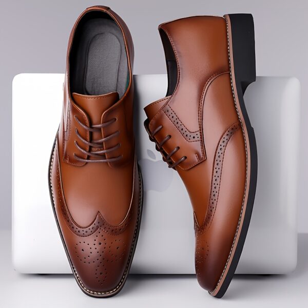 Men's Genuine Leather Brogue Derby Shoes - British Style Lace-Up Formal & Casual Dress Shoes with Round Toe, Breathable Perforations, Cushioned Insole & Non-Slip Rubber Sole for Weddings, Office, Daily Wear, Office Footwear, Elegant Footwear, Durable Construction, Business Attire - Image 3