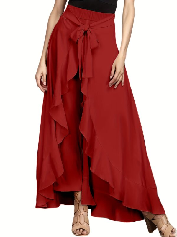 Women'S Light Blue Ruffle Hem Maxi Pants - Casual Solid Color Straight Leg with Belt Detail, Flowy Design for All Seasons, Polyester Fabri - Image 37