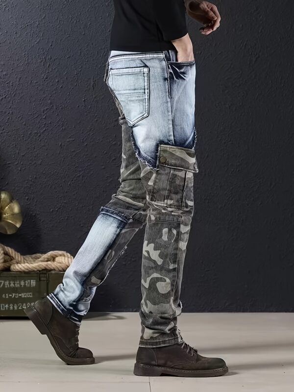 Men's Skinny Jeans - Stretch Slim Fit Streetwear Pants with Camo & Denim Contrast, Stretchable Non-See-Through Jeans for Urban Fashion, All-Season Skinny Leg Fit (Machine Washable), Casual Streetwear - Image 2