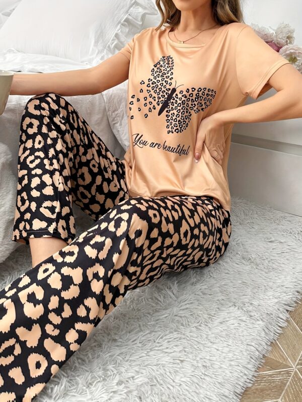 Women's Butterfly & Leopard Print Pajama Set - Comfortable Polyester Short Sleeve Top with "You Are Unique" Motif and Matching Straight-Leg Pants, Machine Washable, Adult Pajama Set|Playful Motif Print|Machine Washable Pajamas, Ladies Pajama Sets
