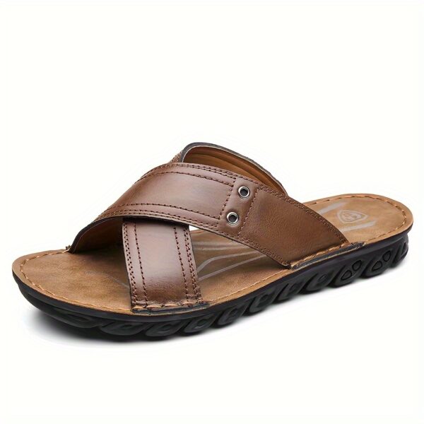 Plus Size Men's Open Toe Breathable Cross Straps Slippers, Comfy Non Slip Rubber Sole Top Grain Leather Upper Beach Water Shoes, Summer - Image 5