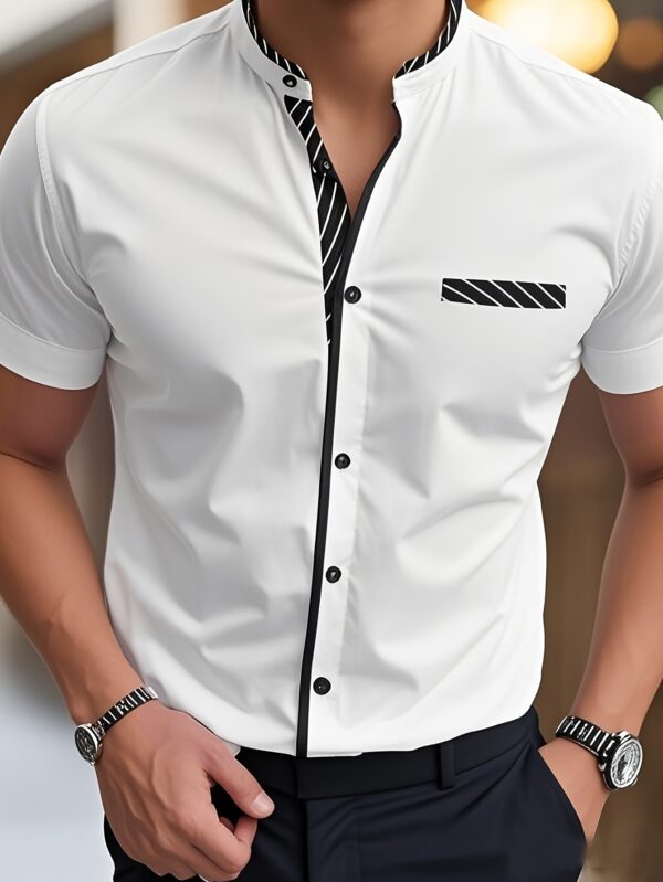 Men's Light Blue Casual Short Sleeve Shirt with Black Contrast Collar & Cuffs - Stand-Up Collar, Machine-Washable Fabric, Regular Fit for Summer, Office, Commute & Streetwear, Classic Buttonup Design, Nontransparent Material - Image 6