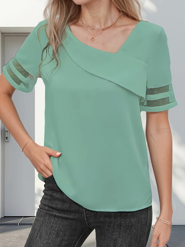 2025 Summer Casual Minimalist Mesh Spliced Short Sleeve Shirt for Women, Cross-Border Fashion