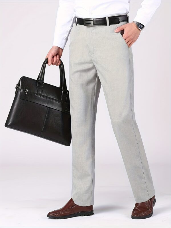 Men'S Light Gray Casual Pants with Black Belt - Straight-Leg, Zipper Fly, Regular Fit, Non-Stretch Fabric, Perfect for Spring & Summer Outings, Spring Summer Pants | Belted Waistband | Polyester Blend - Image 9