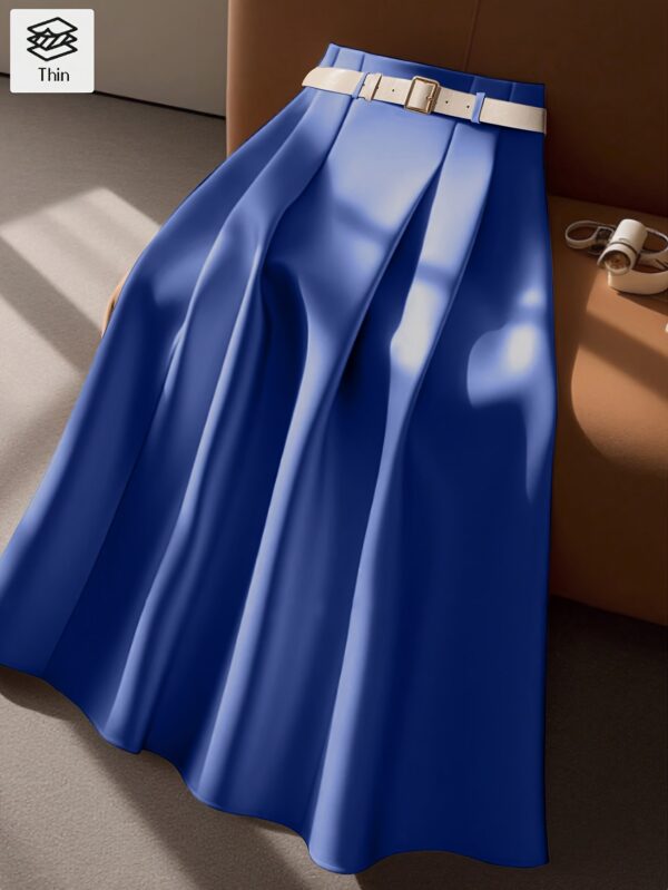 Women's Elegant Belted A-Line Midi Skirt - Adjustable Waist with Decorative Buckle, Flared Hem, Solid Color, Machine Washable for Spring Summer Fall, Casual Chic Wear, Smooth Fabric Finish - Image 4