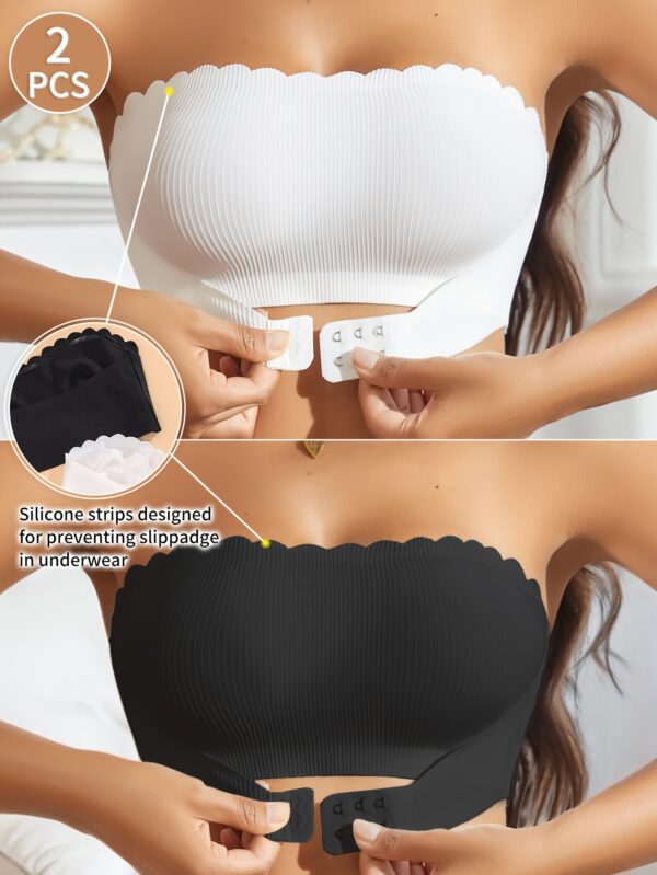 2pcs European Style Minimalist Wavy Edge Cutout Front Buckle Sexy Comfort Soft Cup Camisole with Pads Non-Slip Strapless Women's Bra - Image 3