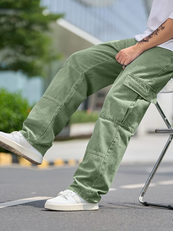1pc Men'S Casual Cargo Denim Pants, Solid Color, Loose Fit, Non-Stretch, All-Season, Regular Length, Washed Detail, Woven Fabric - Multi-Pocket Design
