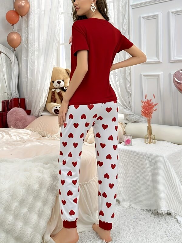 Women'S Valentine'S Day Elegant Heart Print Pajama Set, Short Sleeve Crew Neck Top and Long Heart Pattern Pants, Polyester Knit Fabric, 145gsm, Spring/Summer/Fall Casual Sleepwear - Image 11