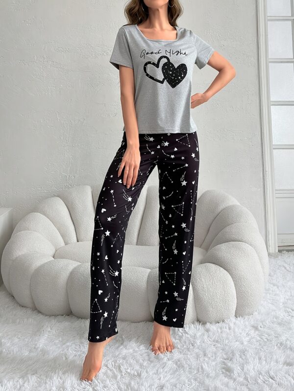 Heart & Star & Letter Print Pajama Set, Casual Short Sleeve Round Neck Top & Elastic Pants, Women's Sleepwear - Image 10