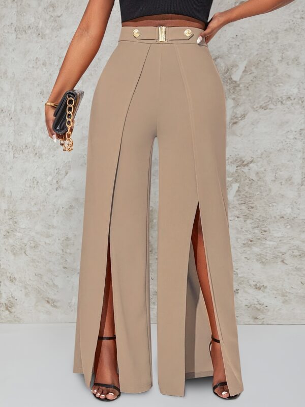 Women's High-Waist Wide Leg Pants | Elegant Black Polyester Blend | Double Side Slit with Metallic Button Detail | Loose Fit, Machine Washable | Ideal for Casual Outings | Spring/Autumn Collection, Spring Autumn Pants | Chic Slit Pants | Front Slit Pants - Image 11