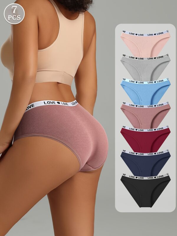 7-Pack Women's Low-Rise Seamless Bikini Briefs - Soft High-Elasticity Underwear with "LOVE" Letter Print, Multi-Color Pack (Navy, Light Blue, Pink, Beige, Dark Grey, Burgundy, Black) - Minimalist Everyday Comfort, Comfortable Basics, Stylish Print, Smooth Fabric, Multipack Panties, Daily Wear