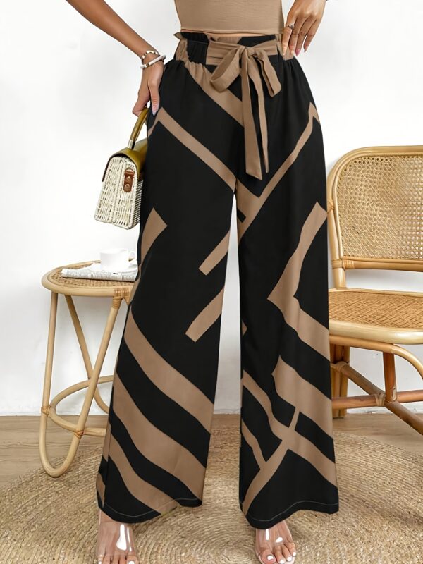 Women's Elegant Casual Geometric Print Wide-Leg Pants with Adjustable Tie Waist - Loose Fit Non-Stretch Machine Washable Trousers for Spring/Summer, Brown & Black Abstract Pattern, Summer Trousers, No Stretch Fabric - Image 4
