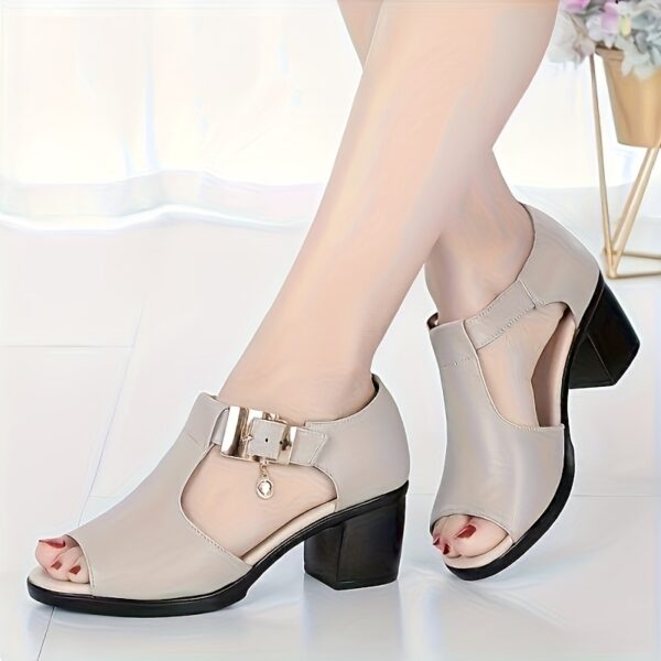 Women'S Fashion Summer High Heels | Open Toe Gray Black Fish Mouth Chunky Heel Sandals with Pendant Accessory Design, Soft Lightweight Cool Roman Style Women'S Shoes Suitable for Ladies and Moms, Perfect for Commuting, Parties, and Events, Hollow Out Open Toe High Heels with Adjustable Ankle Buckle, Secure Fit, Adds Elegance to Any Look