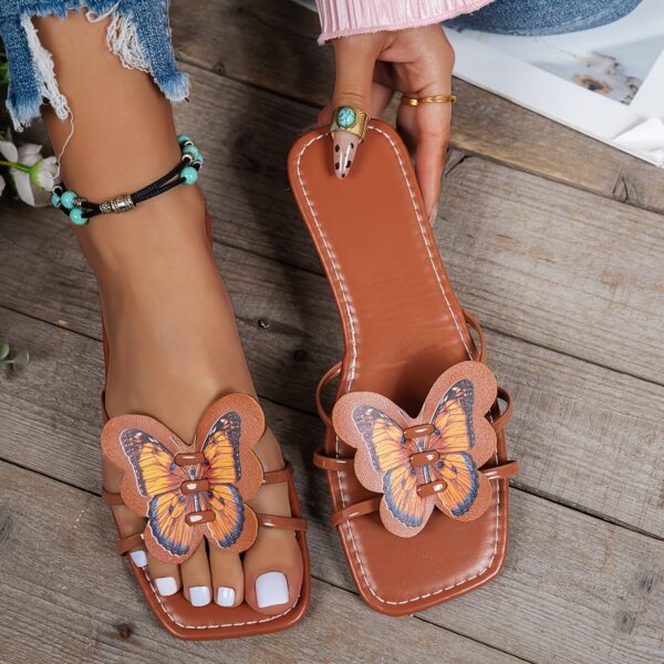 Fashionable Women'S Slippers, Summer, Flat Bottomed, Square Headed, Sandals, Elegant Butterfly Print Decoration, Lightweight And Comfortable, Indoor And Outdoor Multi-Purpose Slippers