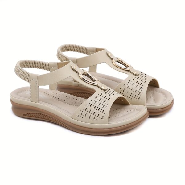 Women's Summer Wedge Heel Comfort Sandals - Metal Buckle, Perforated, Elastic Ankle Strap, Breathable, Daily Commute & Walking - Image 9