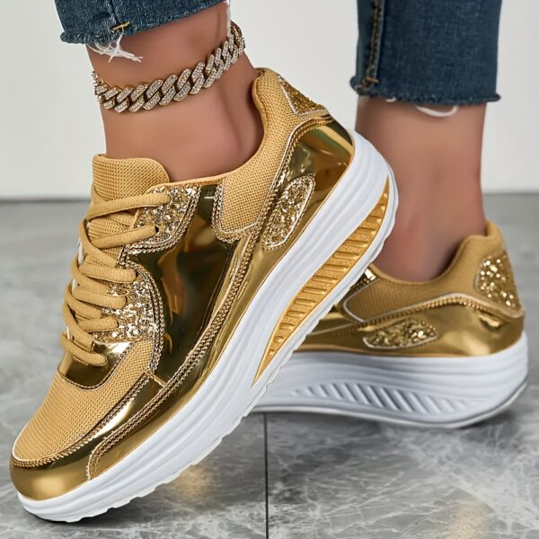 Stylish Women's Casual Sneakers with Golden Glitter Accents - Lightweight Synthetic Leather Platform Running Shoes for All Seasons, Comfortable Fabric Lining, Perfect for Casual Attire and Light Exercise - Image 6