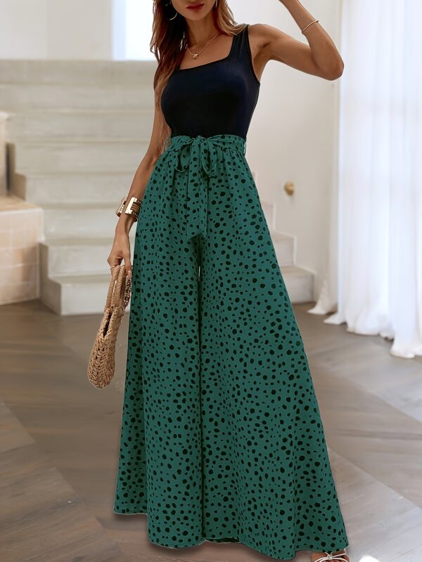 Women'S Sleeveless Wide-Leg Jumpsuit with Tie Waist - Green Polka Dot Print, Square Neck, Flowy Design for All Seasons, Polyester Fabric, Casual Chic Style, Wide Leg Pants for Mature Wome