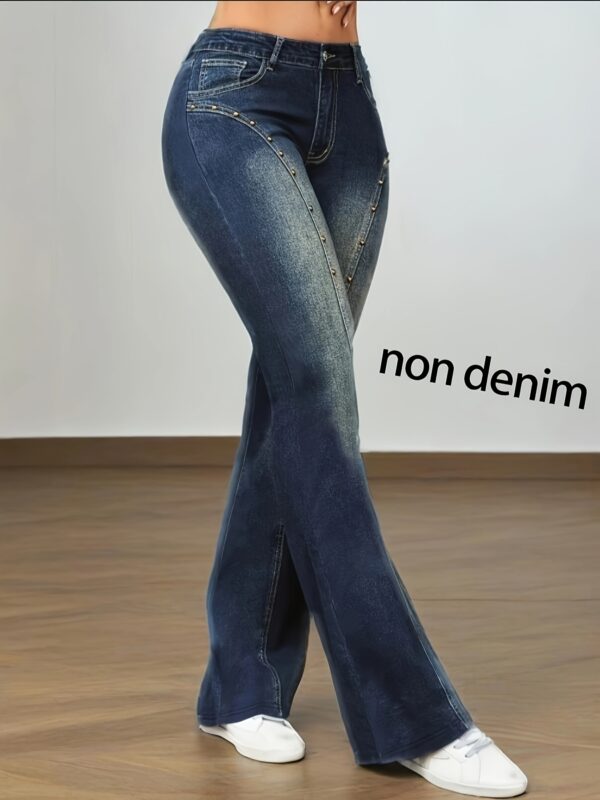 【imitation denim】Ladies' High-Waisted Flared Leggings - Faux Denim Printed Stretchy Long Pants, Suitable for All Seasons, Machine Washable, Non-Transparent Faux Denim Style Casual And Formal Trousers, Comfortable And Fitted High-Waisted Skinny Pants. - Image 5