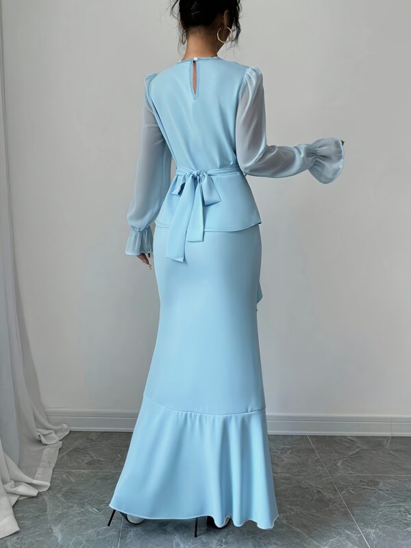 Women'S Elegant Two-Piece Solid Color Outfit - a Chic Blue Midi Dress with Ruffle Detail And a Long Sleeve Blouse, Perfect for Spring/Summer, Commuting Attire|Ruffle Detail Top|Asymmetric Hemline, Dress - Image 7