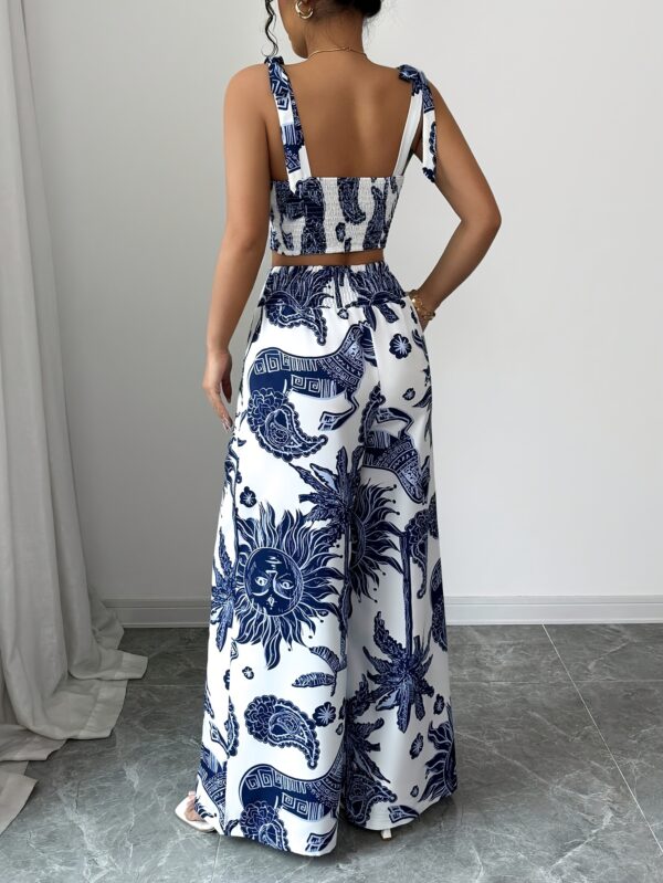 Women'S Elegant Floral Print Sleeveless Maxi Pants Set - Blue and White, Polyester, Perfect for Vacation, Spring/Summer, Casual Style, Casual Attire|Floral Print Top|Polyester Fabri - Image 3