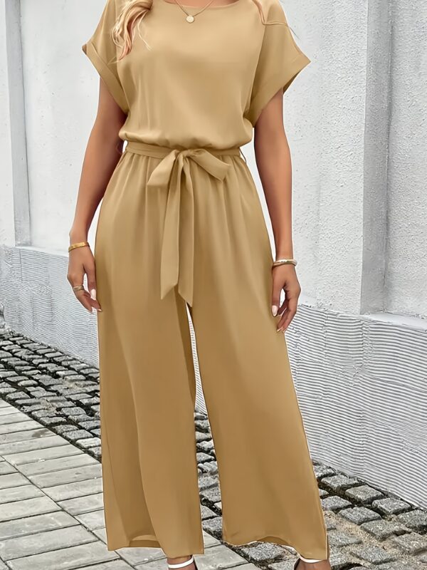 Elegant Women'S Summer Jumpsuit - Stylish Black, Stretchy Polyester, Crew Neck, Short Sleeve, Wide-Leg with Elastic Waistband, Casual Weekend Attire, Casual Attire | Stylish Jumpsuit | Comfortable Fit - Image 4