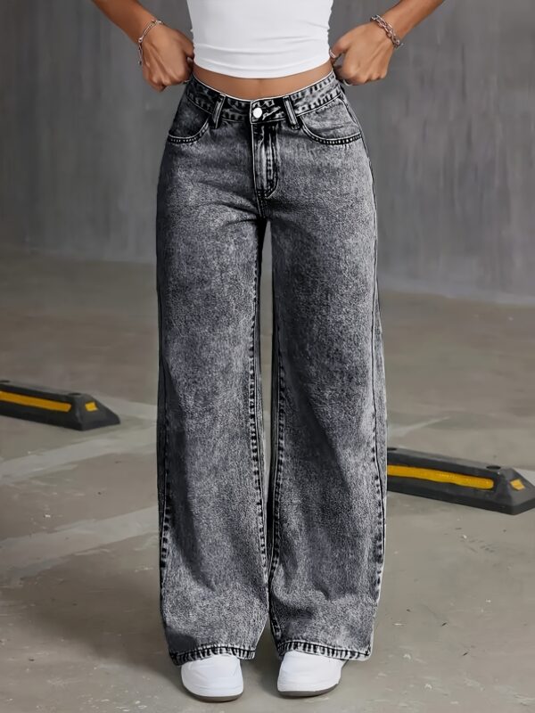 Women'S Fashion High-Waist Straight Leg Jeans, Casual Denim Cotton Blend, Medium Stretch, Solid Color, with Snowflake Wash, for All-Season Woven Pants - Image 3