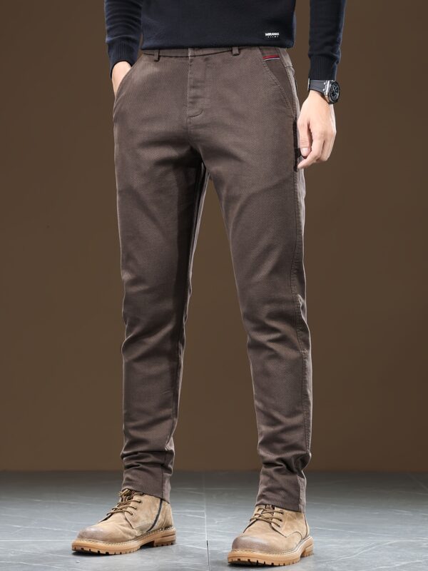 Men's Slim Fit Straight-Leg Casual Pants - Cotton Blend, Mid-Rise with Zipper Detail, Machine Washable - Classic Solid Brown for Business & Leisure - Image 4