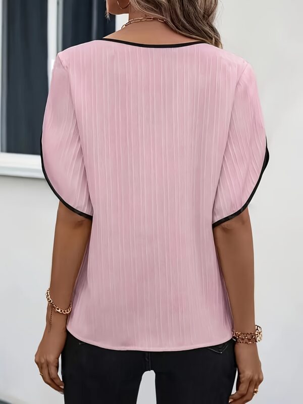 Women'S Elegant V-Neck Blouse with Petal Sleeves - Stylish Two-Tone Design, 100% Polyester Fabric, Perfect for Casual or Office Wea - Image 2