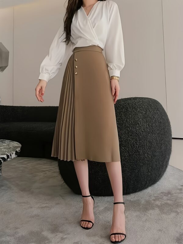 Elegant High-Waist Pleated A-Line Midi Skirt with Front Button Detail - Solid Color Beige, Flowy & Stylish for Women, Perfect for Spring/Summer/Fall, High Waisted Skirt