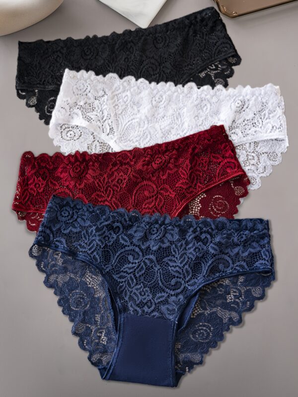 4pcs Women'S Sexy Jacquard Lace Panties - Breathable & Comfortable Mid-Rise Briefs with Floral Pattern, Lace Trim, And Zipper Detail (Pink, Blue, White, Black), Comfortable Underwear | Floral Jacquard Design | Delicate Lace Fabri - Image 4