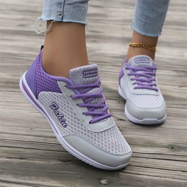 Women's Lightweight Breathable Casual Sneakers - All-Season Lace-Up Hiking & Walking Shoes with EVA Cushioned Sole, Round Toe Design & Purple Accents for Outdoor, Daily Wear (Grey/Purple), Hiking Shoes, Outdoor Walking Shoes, Stylish Hiking Shoes, Fabric Upper Shoes - Image 4