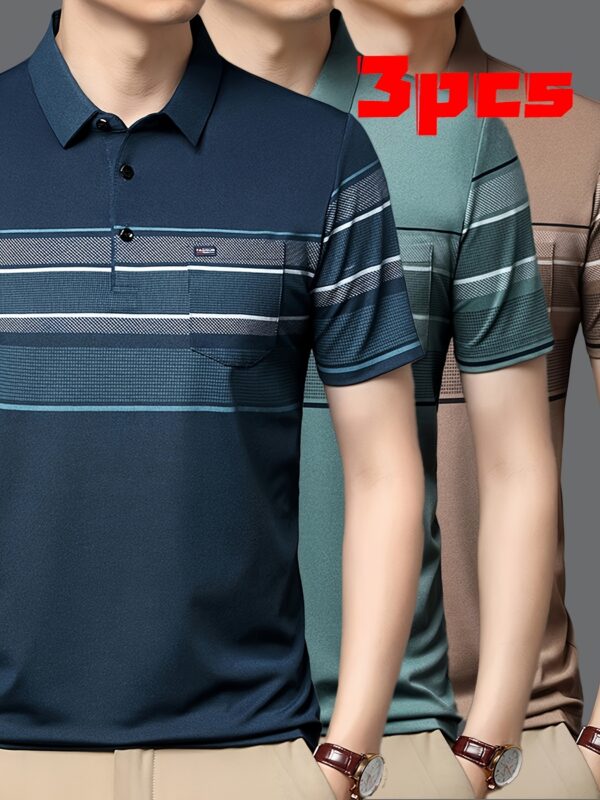3pcs Men'S Summer Stripe Polo Shirts - Breathable Knit Fabric, Casual Short Sleeve Tees with Button Details, Sporty Dad Style for Business & Leisure - Image 3